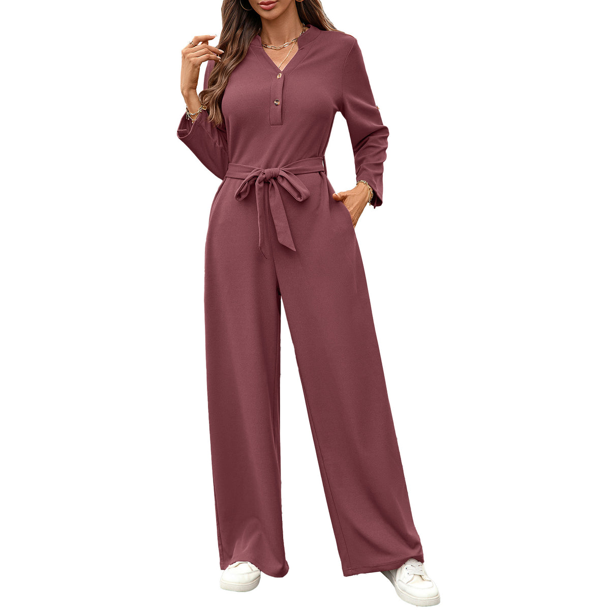Women Long Sleeve Button Front Tie Waist Wide Leg Jumpsuit