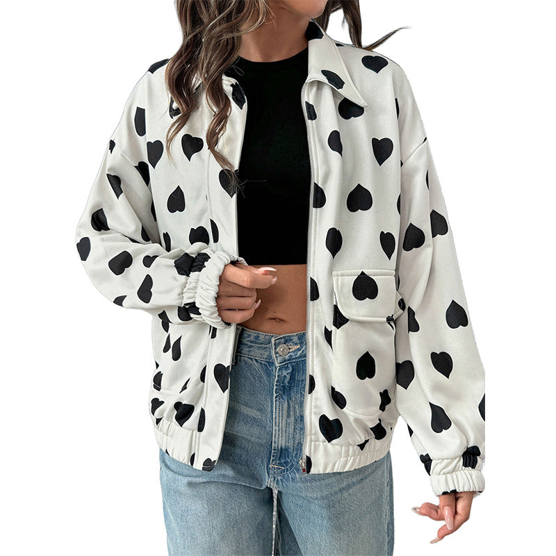 Sweet Heart Print Zip-Up Jacket for Casual Street Style