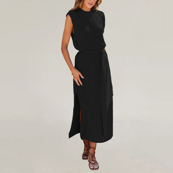 Sleeveless Knit Midi Dress Side Slit Belted Casual Dress