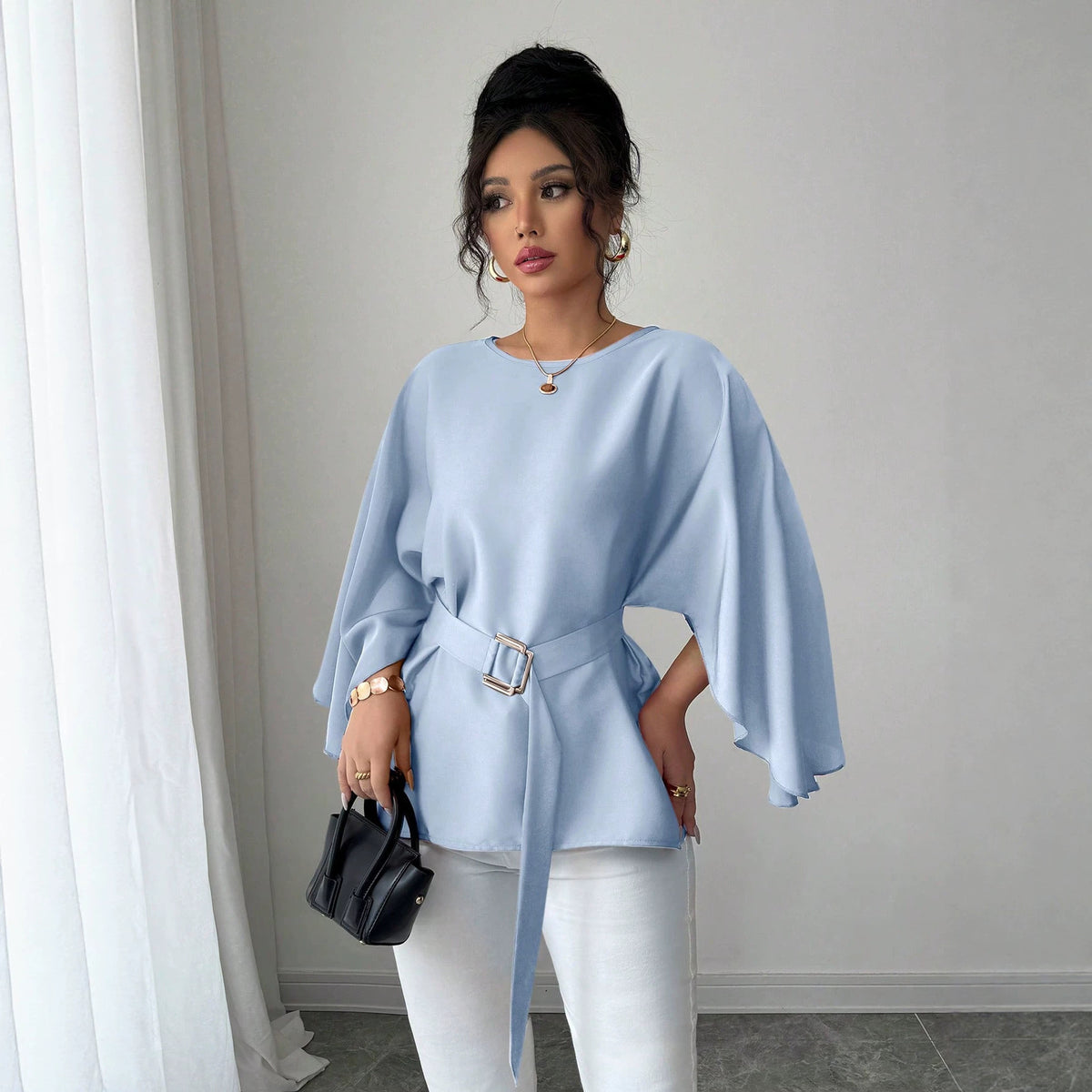 Women's French Vintage Bell Sleeve Belted Round Neck Blouse