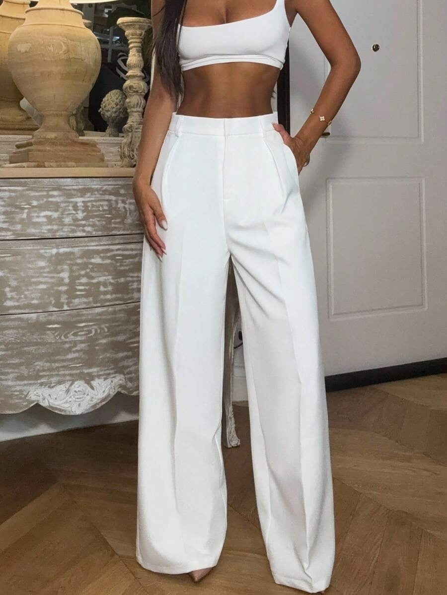 Solid High Waisted Wide Leg Dress Pants Business Work Trousers