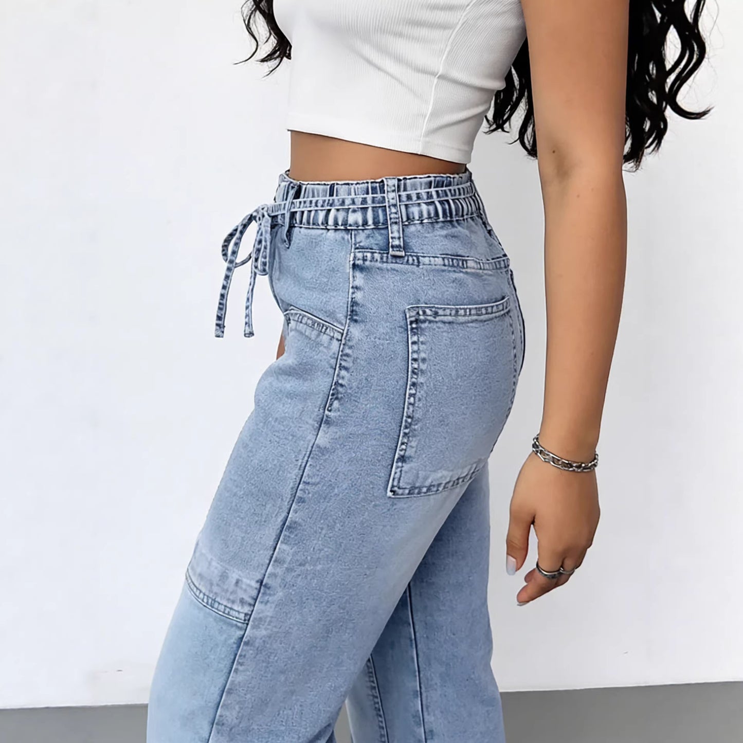 Washed Denim Jeans Vintage High Waist Wide Leg Cargo