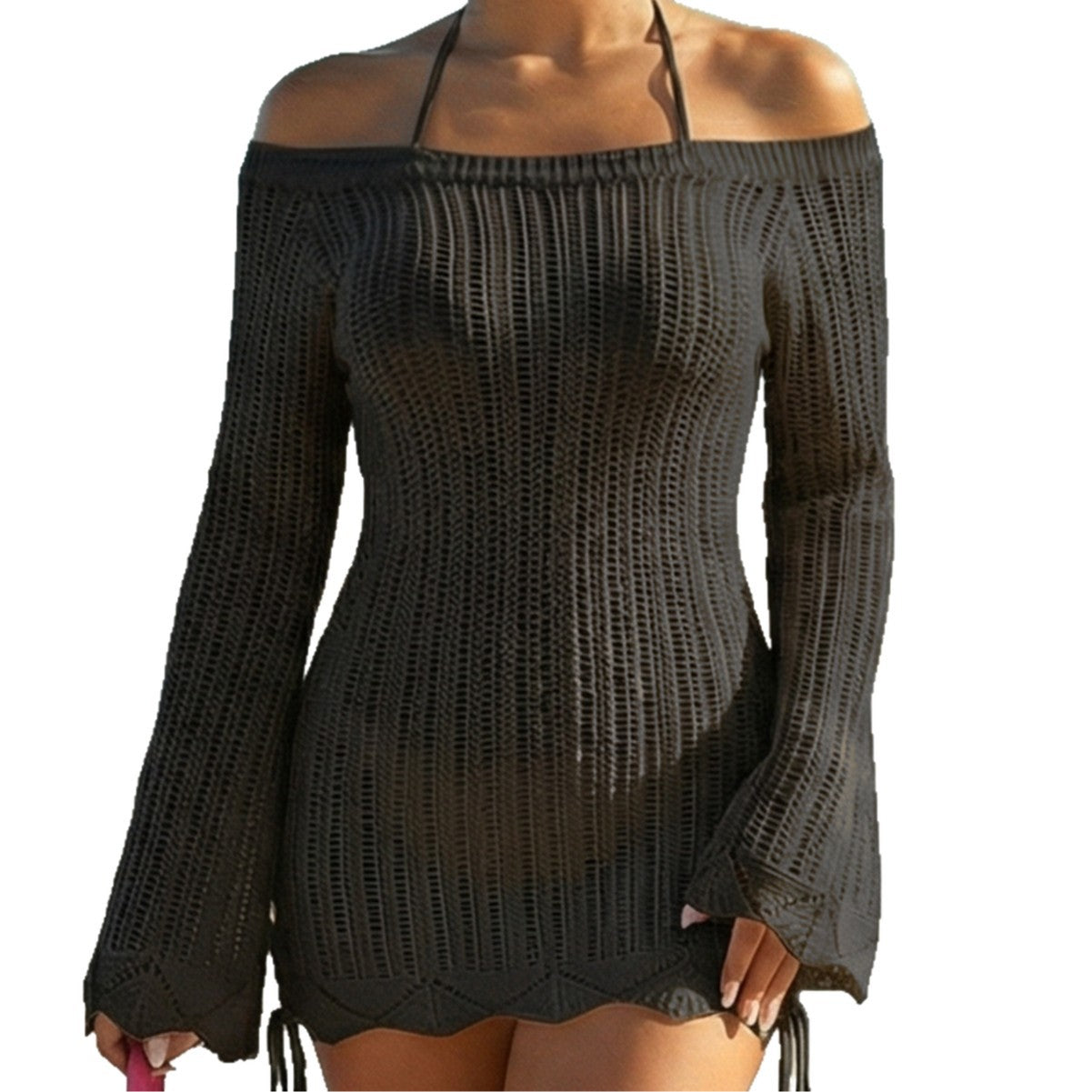 Off Shoulder Knit Drawstring Beach Cover Up Dress