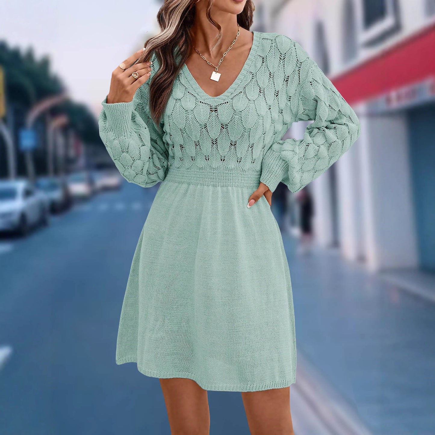 V Neck Textured Knit Sweater Dress Long Sleeve A Line