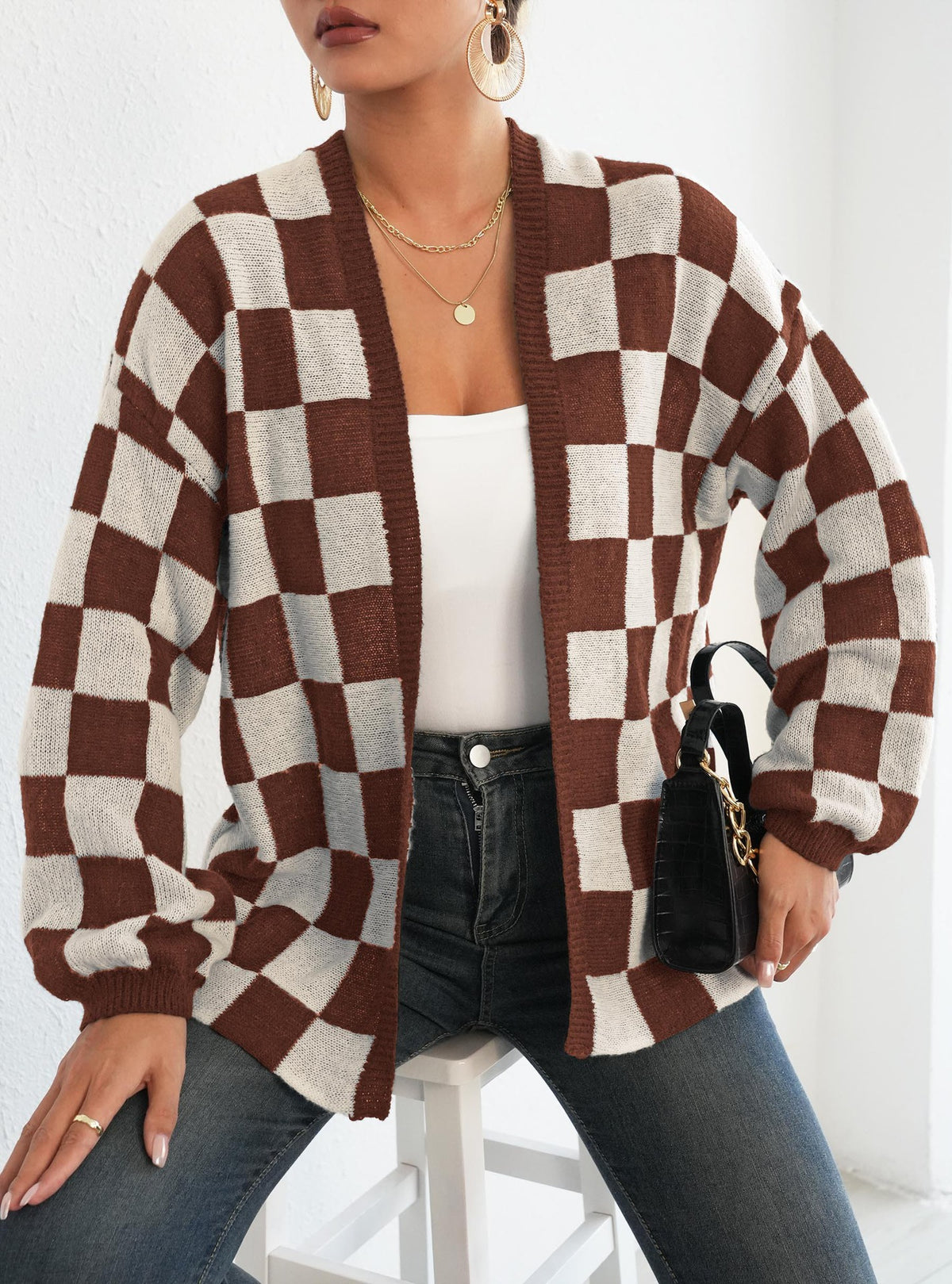 Women's Checkered Cardigan Color Block Knit Open Front