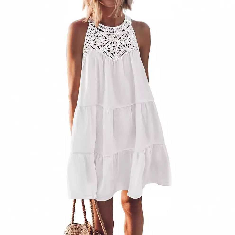 Halter Neck Lace Trim Tiered A Line Summer Dress