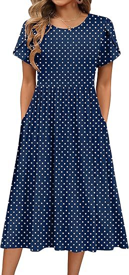 Boho Floral Midi Dress for Women Round Neck Short Sleeve
