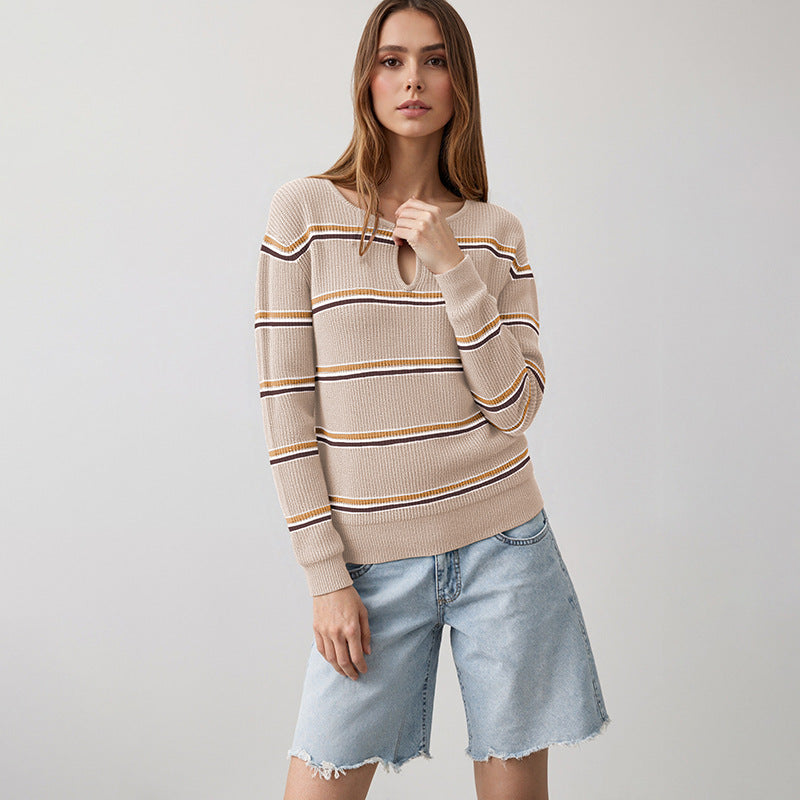 Women's Striped Long Sleeve Keyhole Knit Sweater