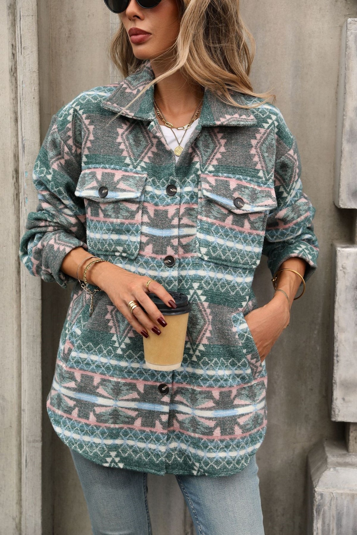 Women's Aztec Oversized Shacket Button Front Jacket