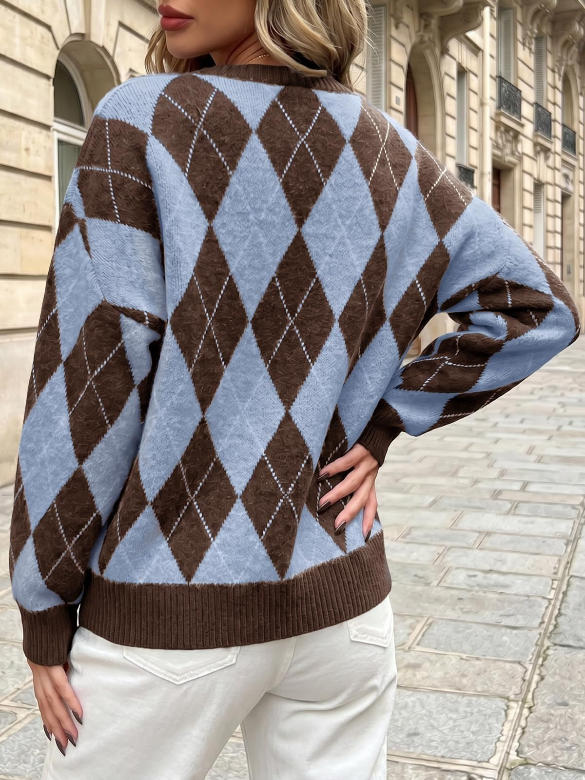 Women's Oversized Argyle Colorblock Crewneck Sweater