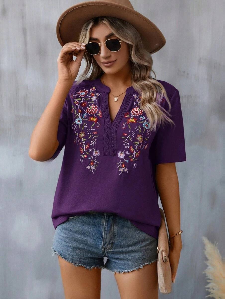 Floral Embroidery V Neck Short Sleeve Casual Top