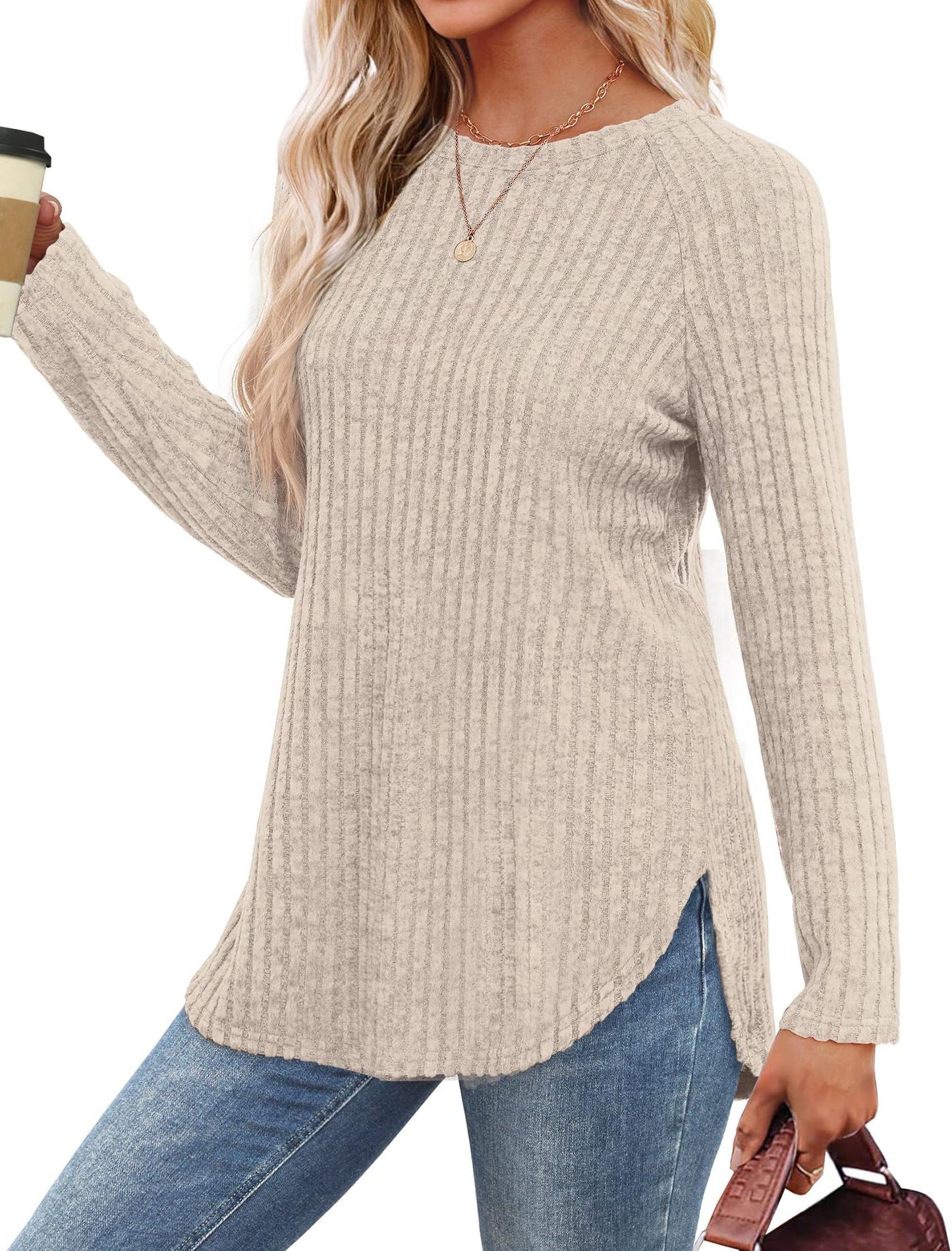 Solid Ribbed Knit Tunic Top Curved Hem Long Sleeve