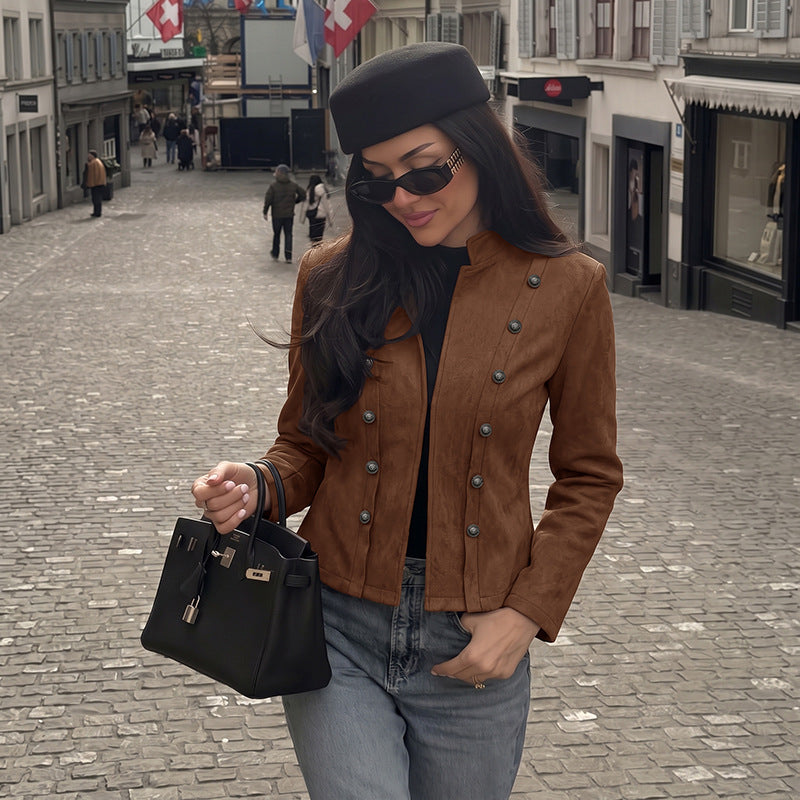 Womens Vintage Suede Double Breasted Crop Jacket