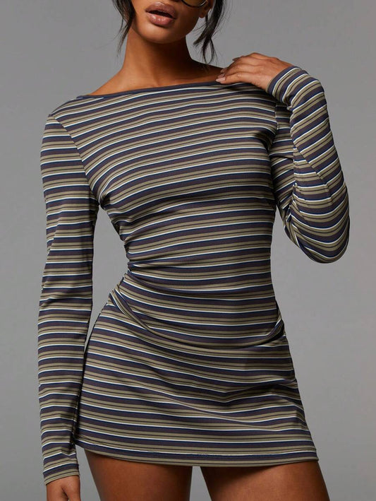 Striped Ribbed Mini Dress Boat Neck Long Sleeve Trendy Fit