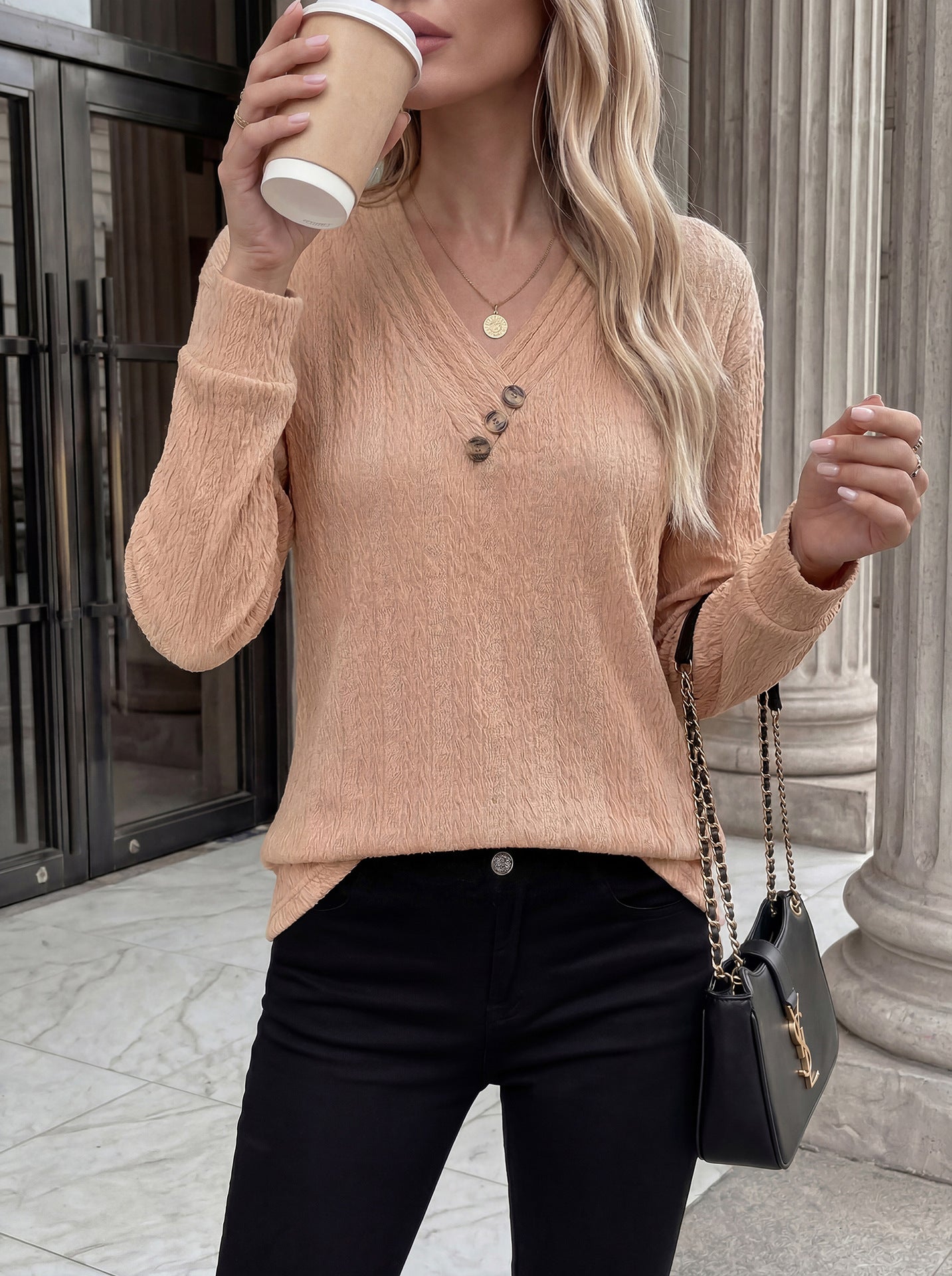 Womens Loose V Neck Button Long Sleeve Textured Top