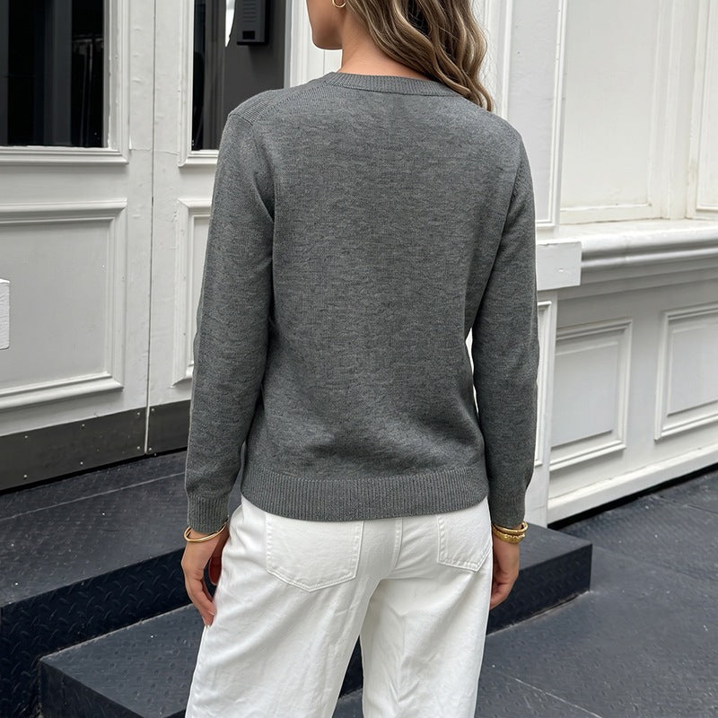 Color Button Knit Cardigan Crew Neck Long Sleeve Sweater