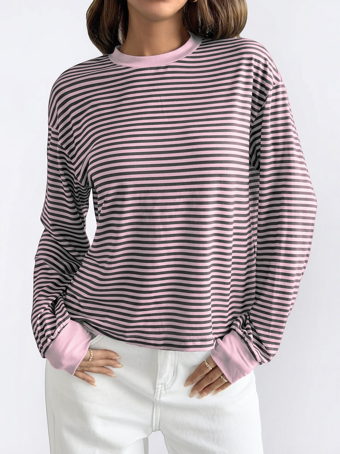 Striped Polyester Tee Casual Oversized Long Sleeve
