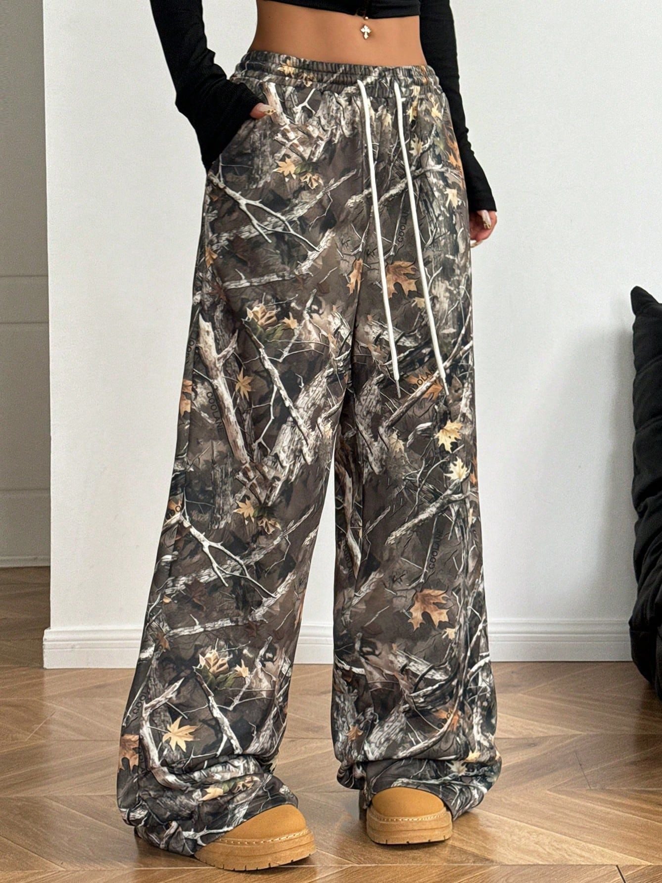 Abstract Branch Print Wide Leg Pants
