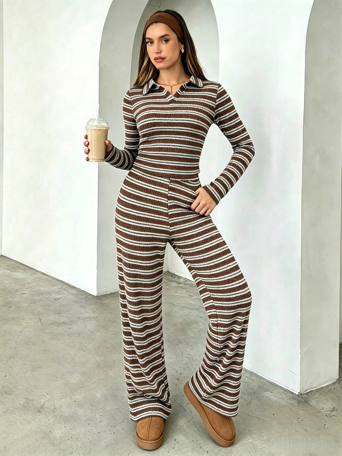 Striped Ribbed Jumpsuit Loungewear Collared Wide Leg Fitted