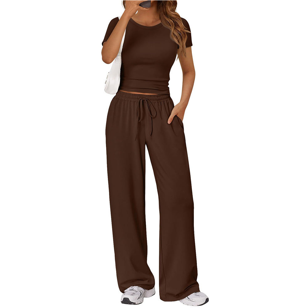 Women Y2K Two Piece Set Short Sleeve Crop Top Wide Leg Pants