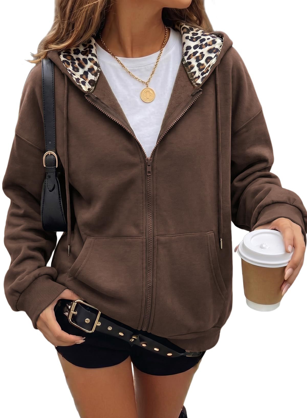 Women's Oversized Leopard Zip Up Hoodie