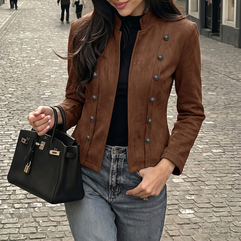 Womens Vintage Suede Double Breasted Crop Jacket