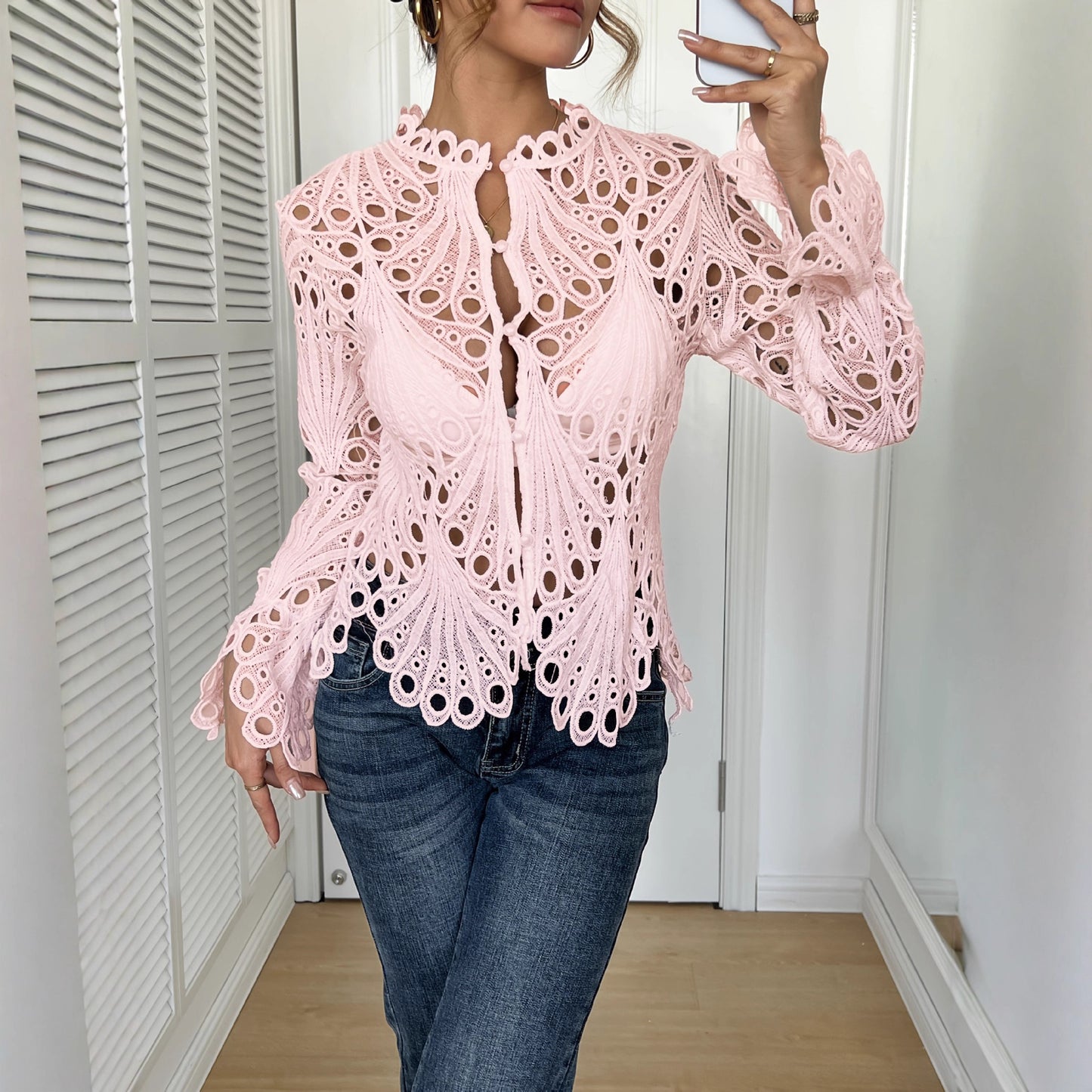 Crochet Lace Blouse with Sheer Bell Sleeves and Buttons