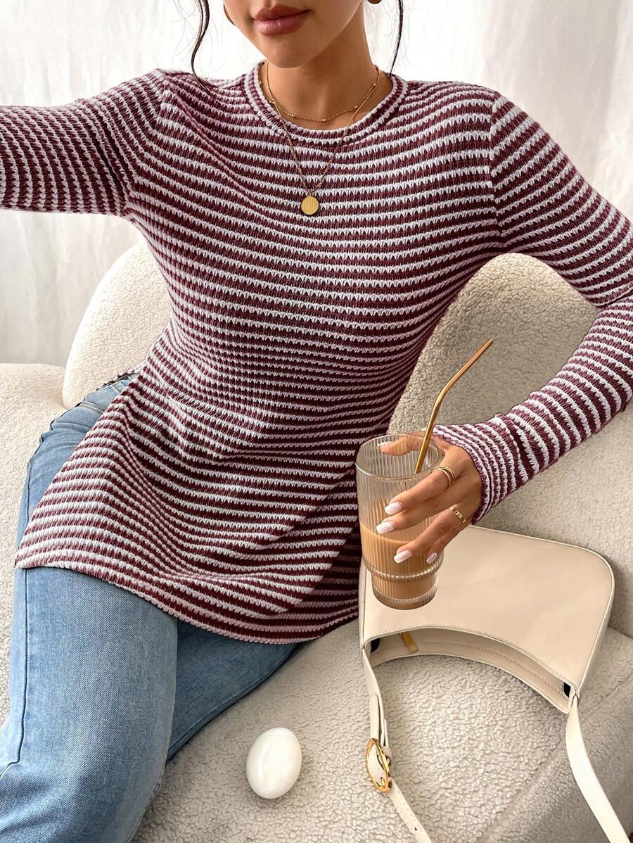 Striped Knit Top Casual Tunic Slim Fit Long Sleeve