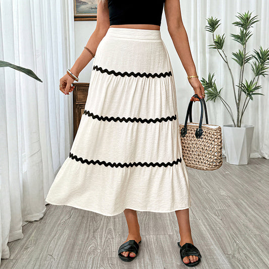 Contrast Trim Tiered Midi Skirt Elastic Waist Summer