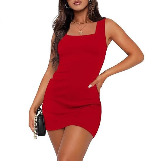 Sleeveless Square Neck Bodycon Mini Dress with Back Zipper