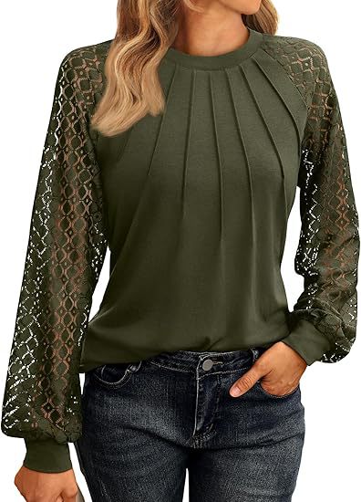 Lace Knit Blouse Casual Pleated Raglan Sleeve Top
