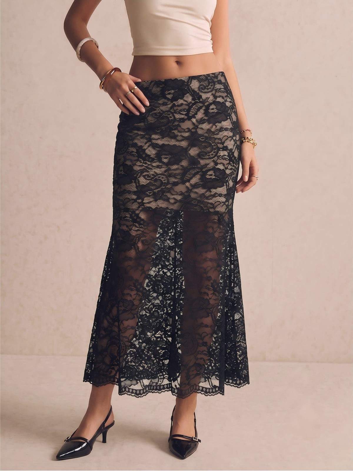 Black Lace Maxi Skirt High Waist Slit Floral Sexy