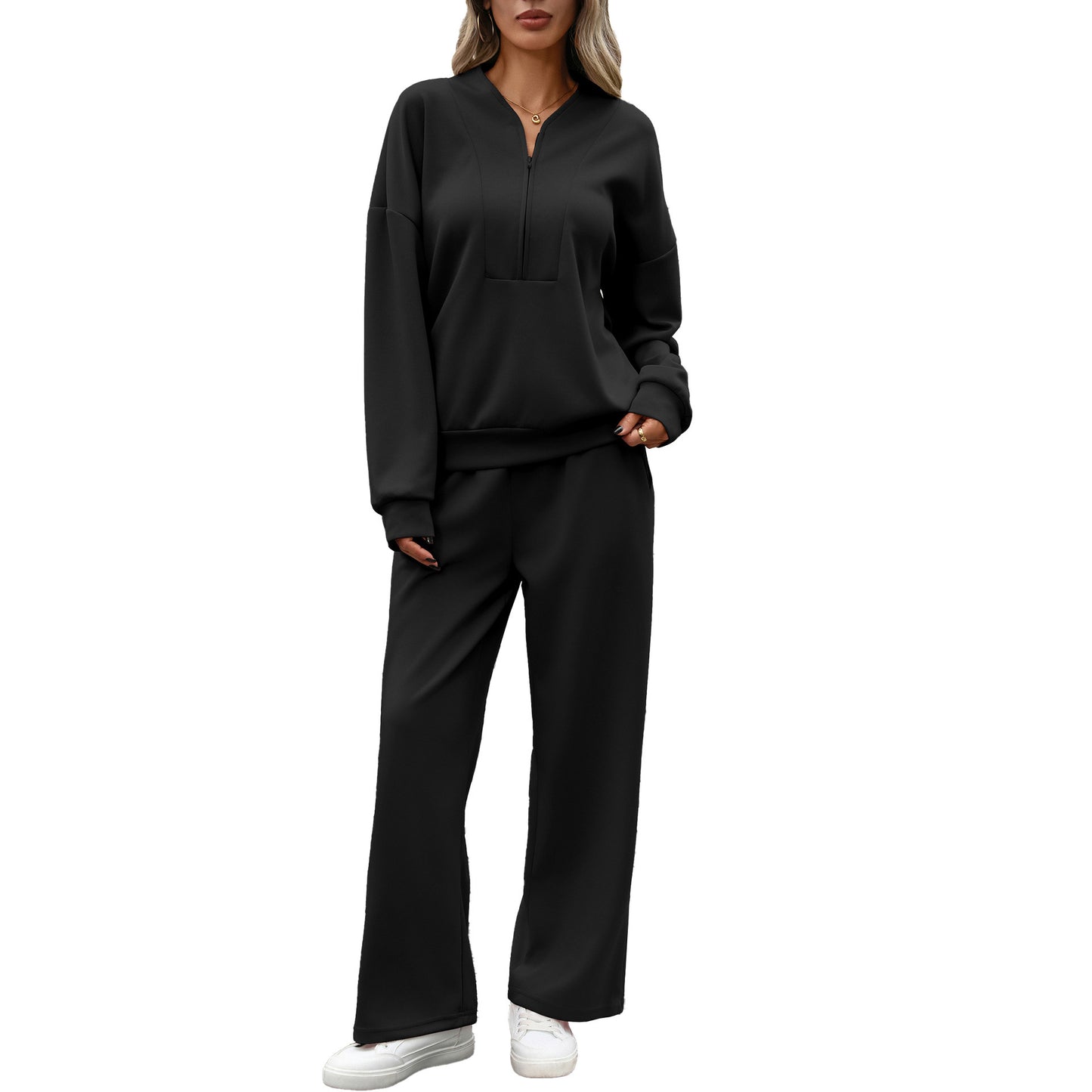 Women's Quarter Zip Sweatshirt Wide Leg Pants Lounge Set