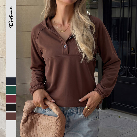 Women's Button Henley Hoodie Pullover Sweatshirt