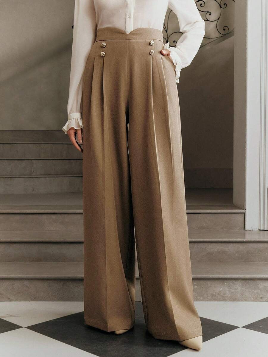 Women's High Waisted Wide Leg Work Pants Button Front