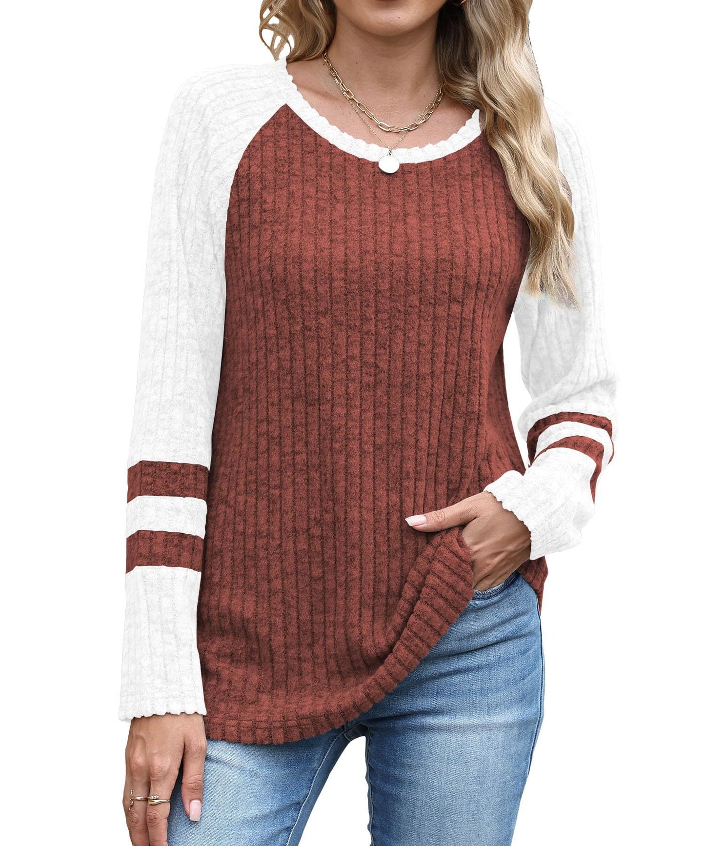 Colorblock Polyester Top Casual Ribbed Raglan Sleeve