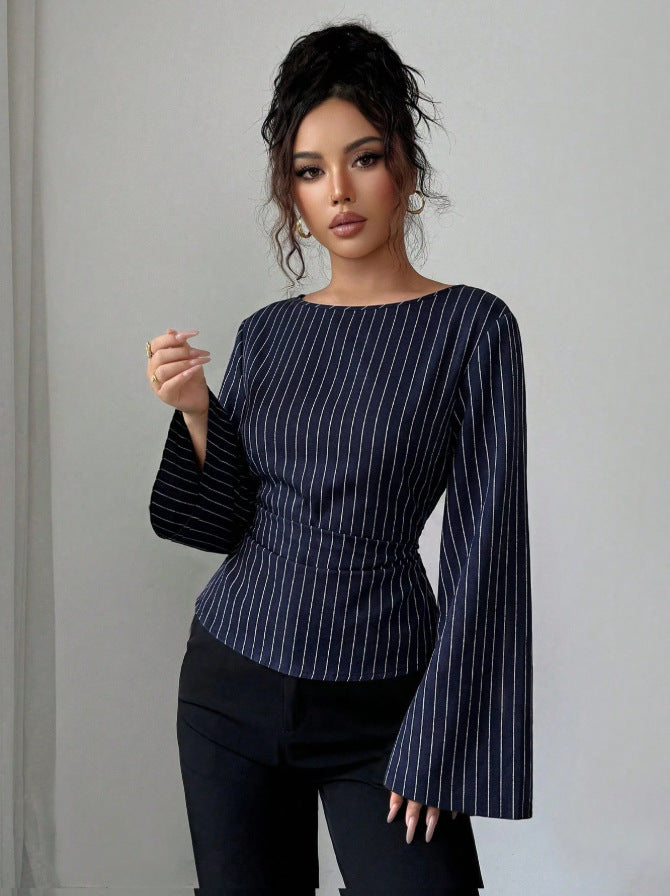 Women's Striped Bell Sleeve Tie Waist Blouse