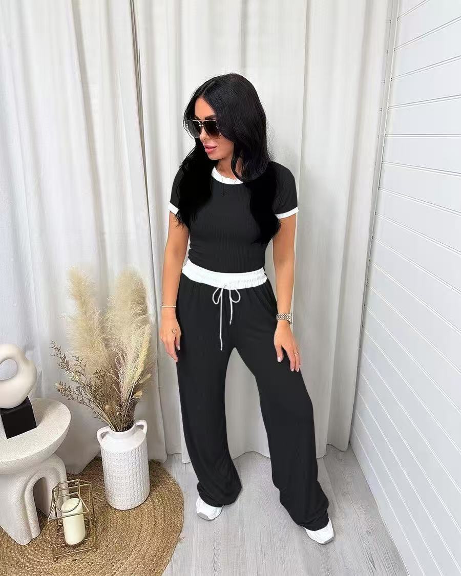 Women’s Wide Leg Pants Set Short Sleeve Casual Two Piece