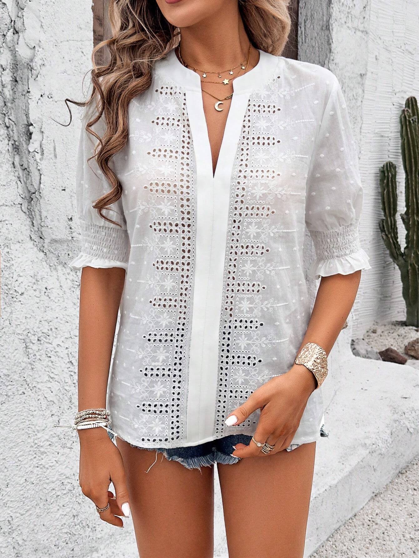 Hollow Out  V Neck Puff Sleeve Boho Blouse