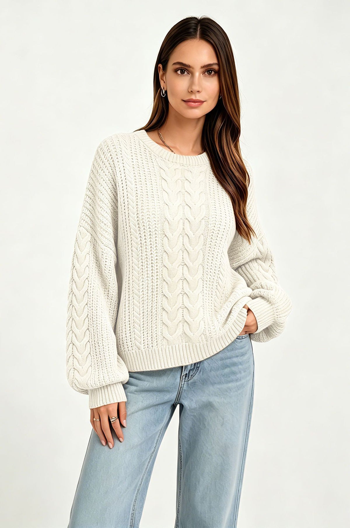 Women's Oversized Cable Knit Crew Neck Sweater