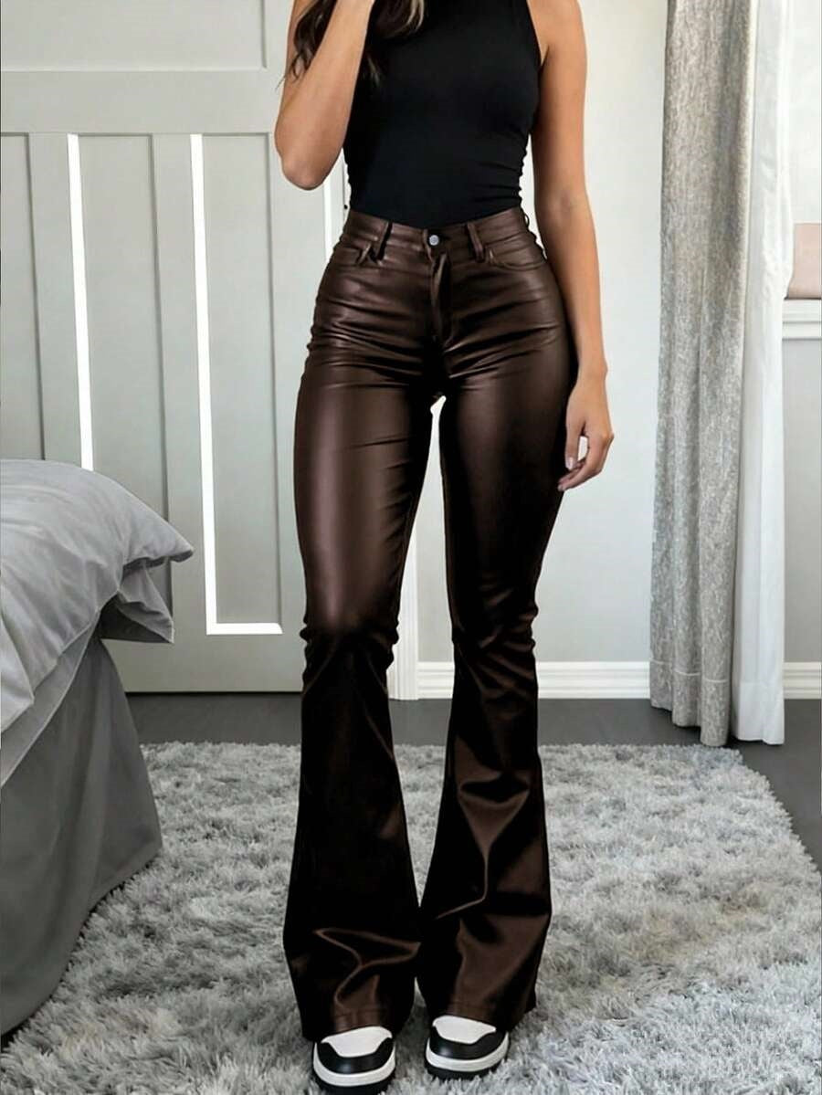 Women's Faux Leather Flare Pants High Waist Y2K Sexy