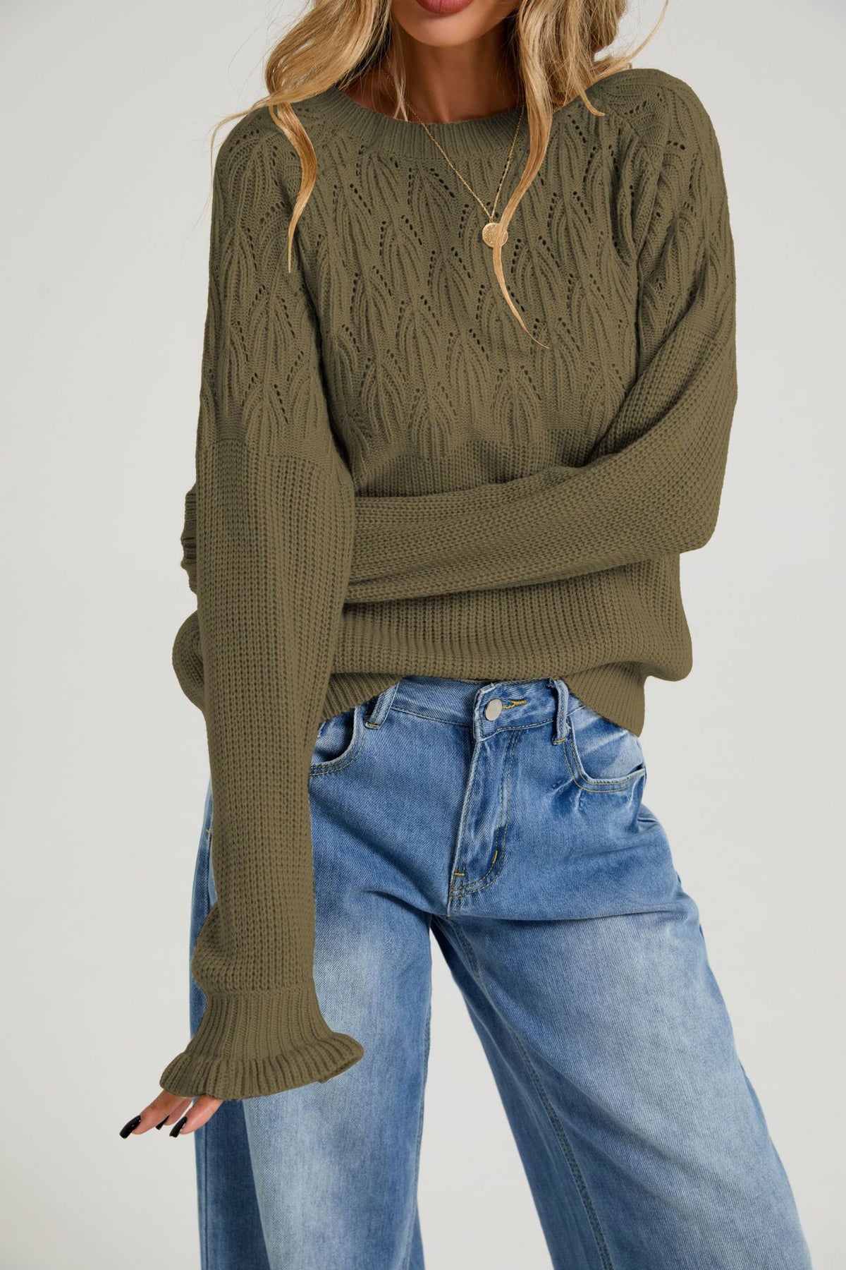Women's Crew Neck Long Sleeve Cable Knit Pullover Sweater