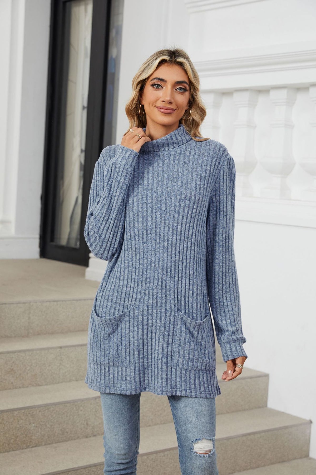 Women's Ribbed Mock Neck Long Sleeve Tunic Top with Pockets