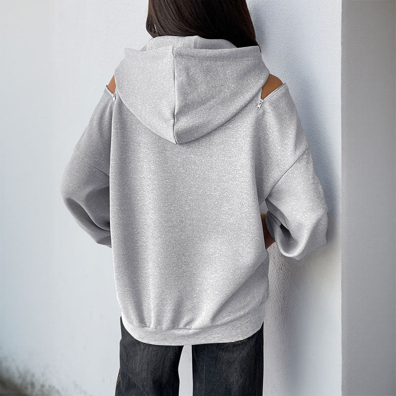 Gray Cold Shoulder Hoodie Women Drawstring Pullover Sweatshirt