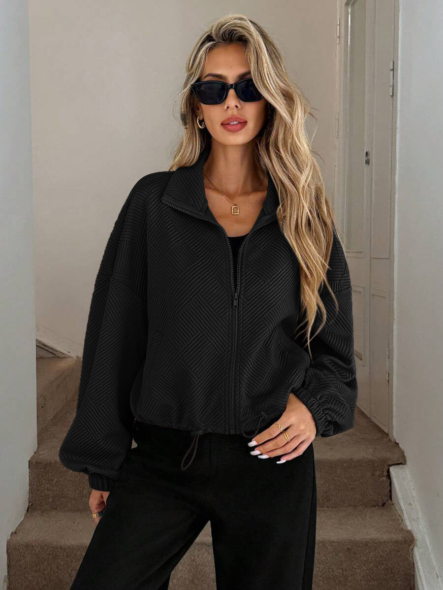 Textured Polyester Jacket Casual Bomber Oversized Zip Up