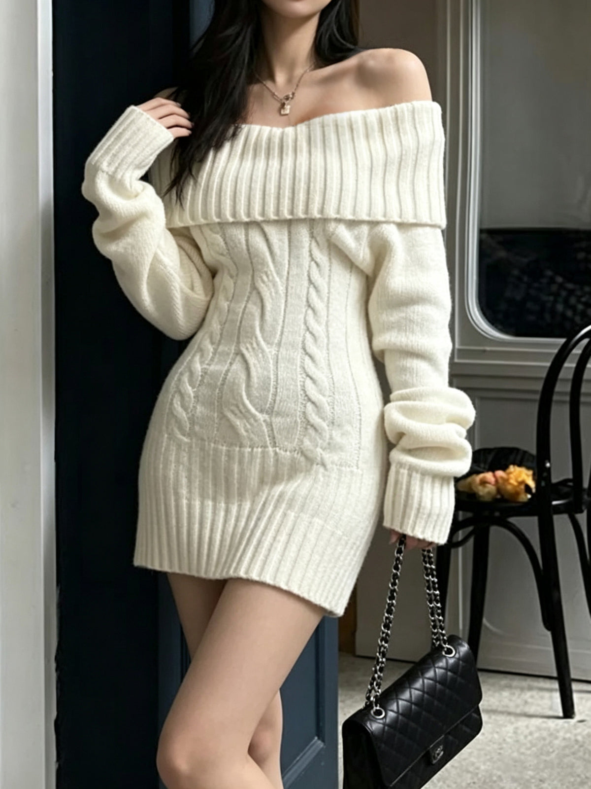 Off Shoulder Cable Knit Bodycon Sweater Dress