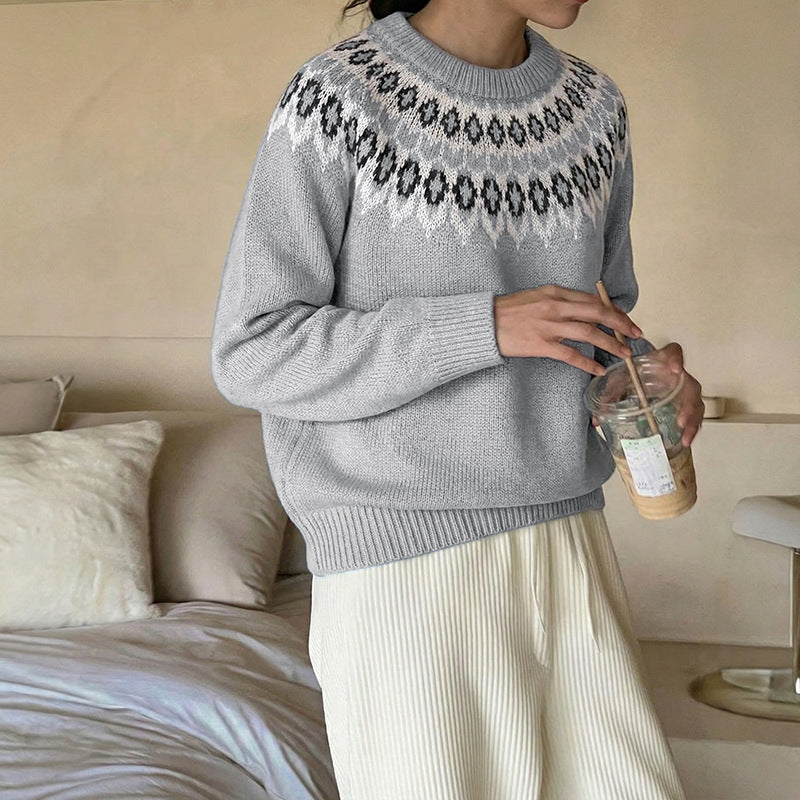 Women's Fair Isle Crew Neck Long Sleeve Knit Sweater