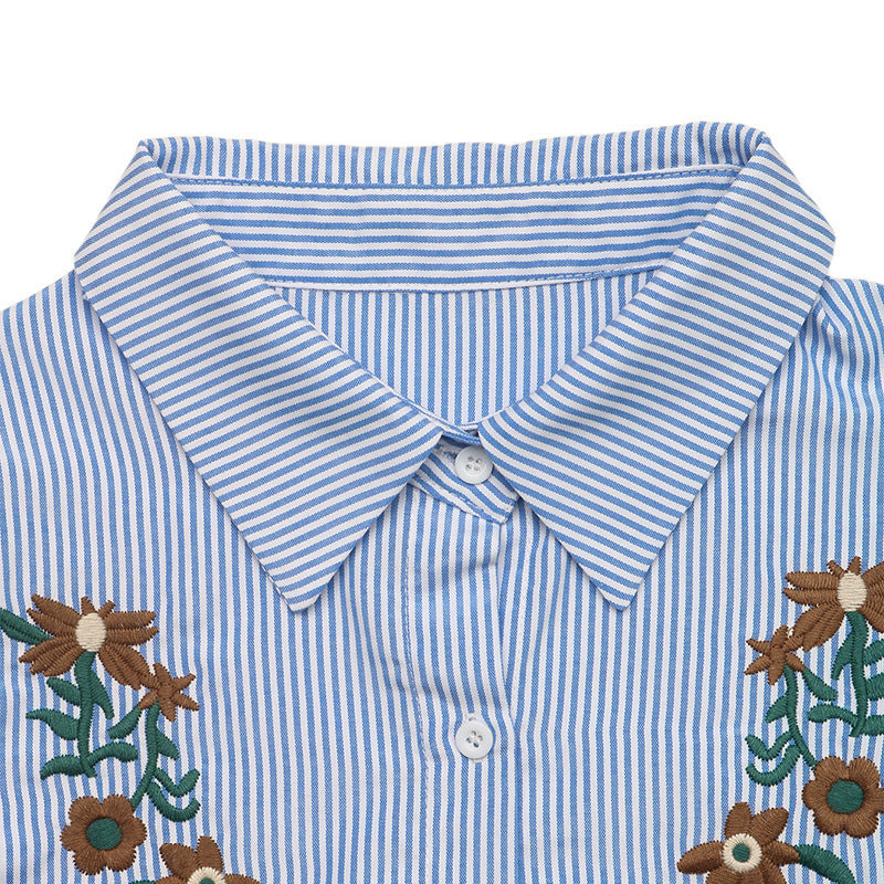 Embroidered Striped Ruffle Sleeve Button Down Blouse