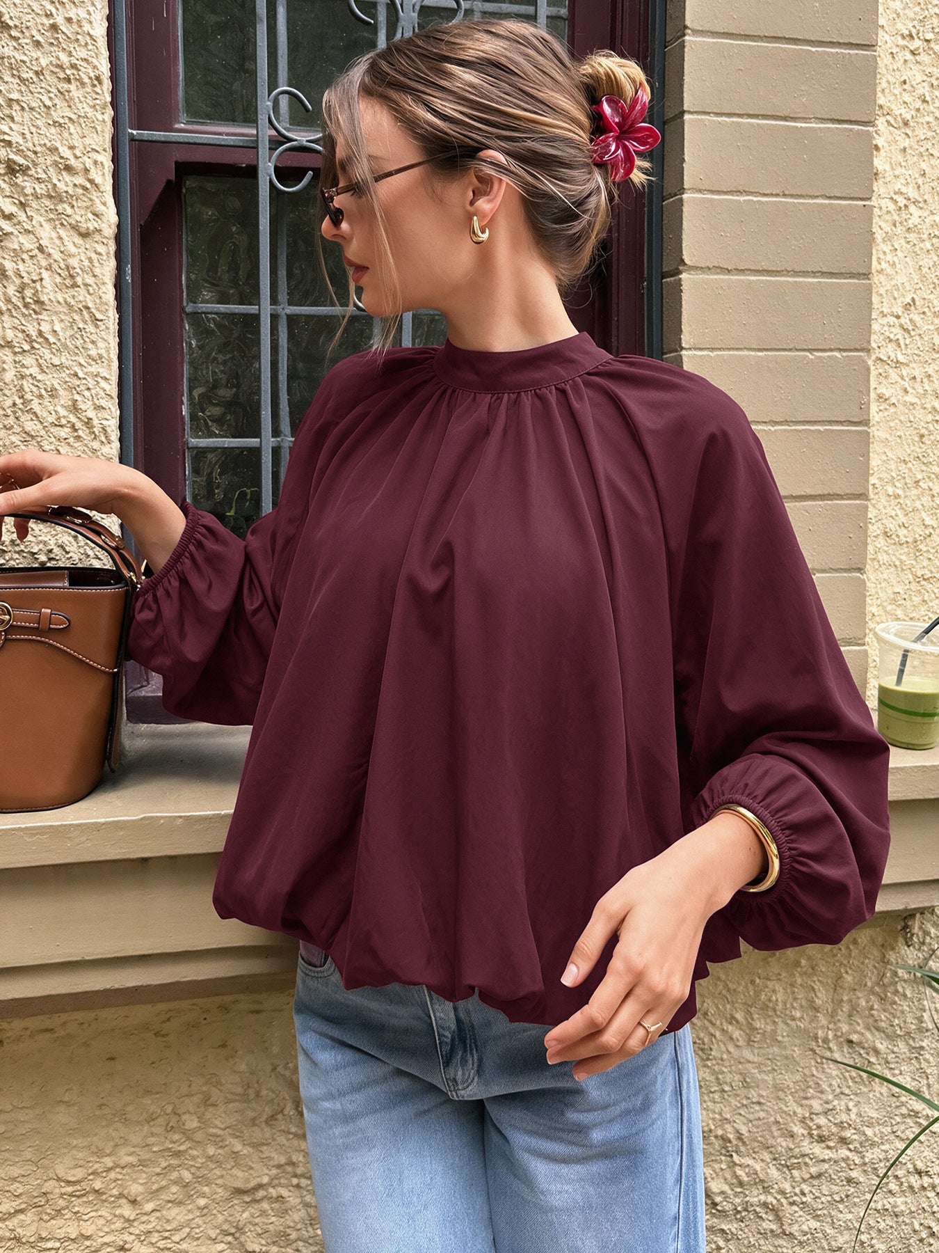 Tie Neck Mock Neck Blouse Gathered Long Sleeve Top