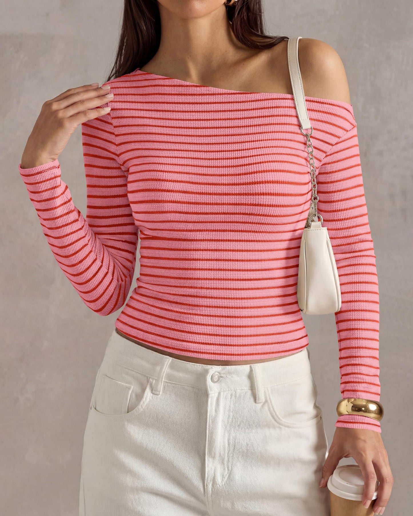 Ribbed Off Shoulder Striped Long Sleeve Knit Top